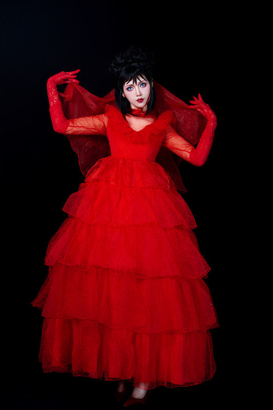Beetlejuice Lydia Cosplay Kostüm Rot Brautkleid Halloween Karneval Kleid