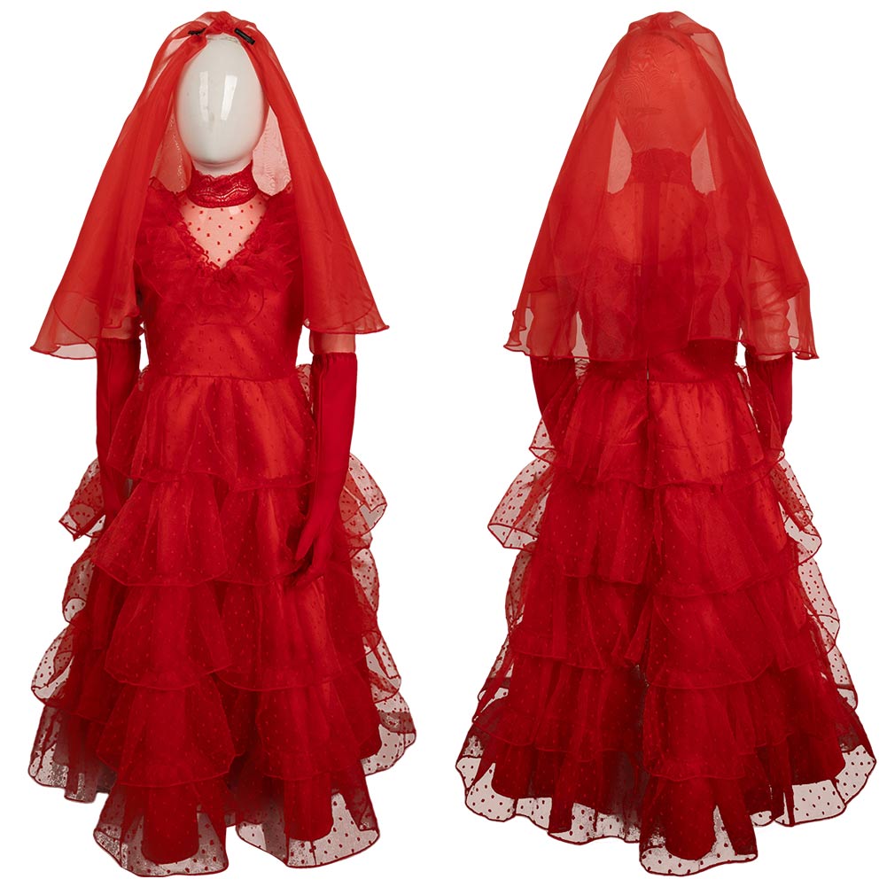 Mädchen Kinder Beetlejuice Lydia Kostüm Rot Brautkleid Halloween Karneval Kleid
