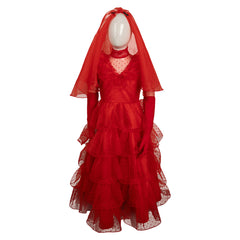 Mädchen Kinder Beetlejuice Lydia Kostüm Rot Brautkleid Halloween Karneval Kleid