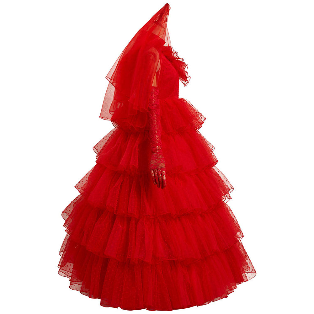 Beetlejuice Lydia Cosplay Kostüm Rot Brautkleid Halloween Karneval Kleid