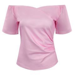 70er Damen Cosplay Kostüm T-Shirt Rosa Off-Schulter Kurzarm Top