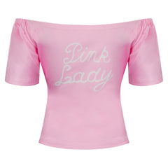 70er Damen Cosplay Kostüm T-Shirt Rosa Off-Schulter Kurzarm Top