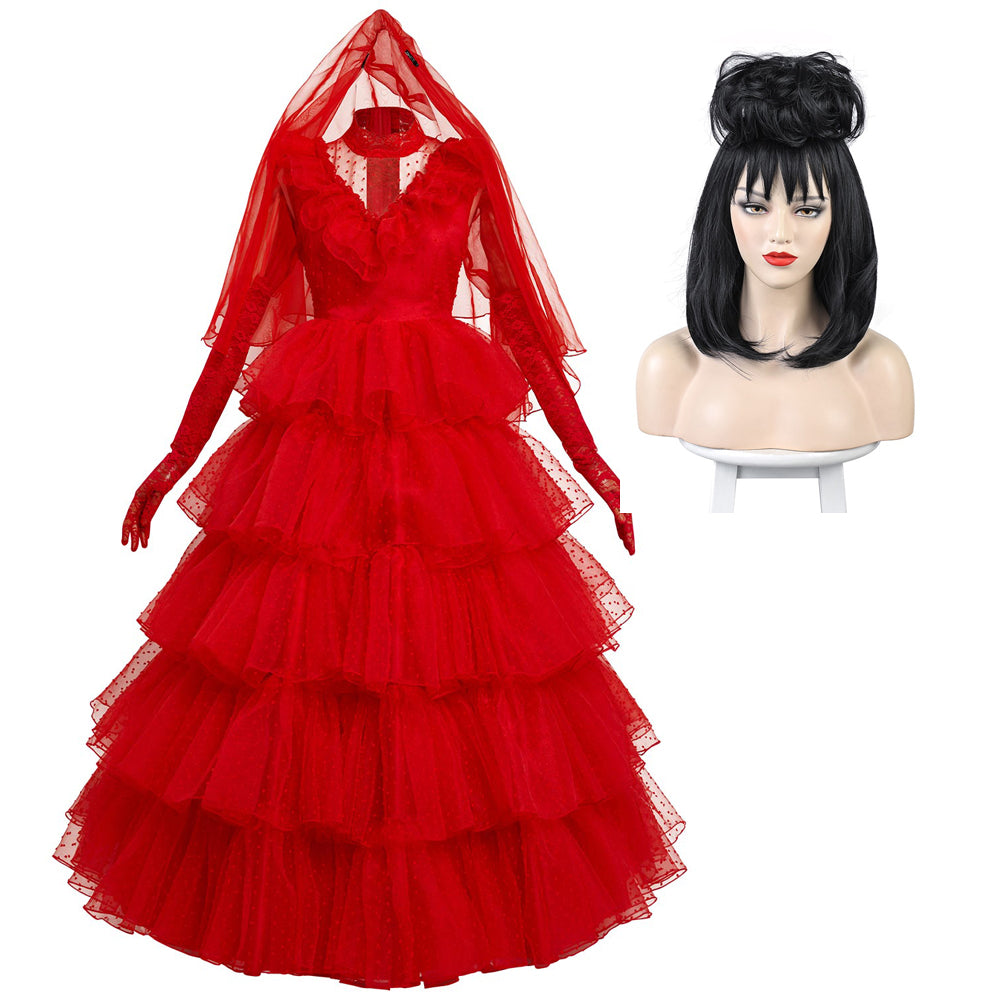 Beetlejuice Lydia Cosplay Kostüm Rot Brautkleid Halloween Karneval Kleid