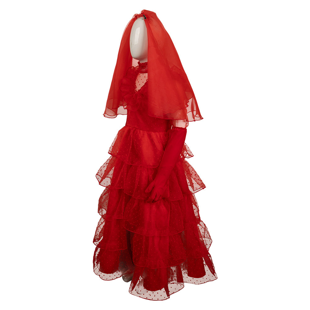 Mädchen Kinder Beetlejuice Lydia Kostüm Rot Brautkleid Halloween Karneval Kleid