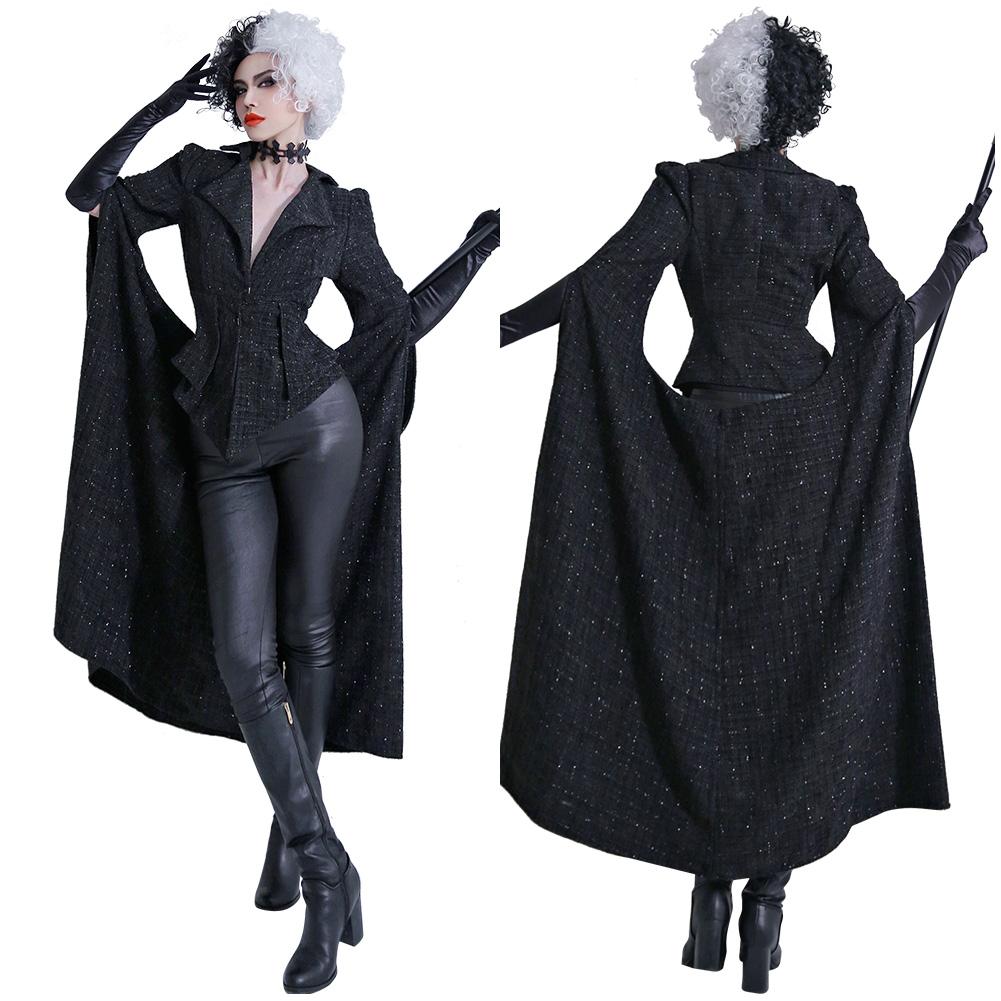 Cruella de Vil Emme Stone schwarz Mantel Cosplay Kostüm Halloween Karneval Outfits