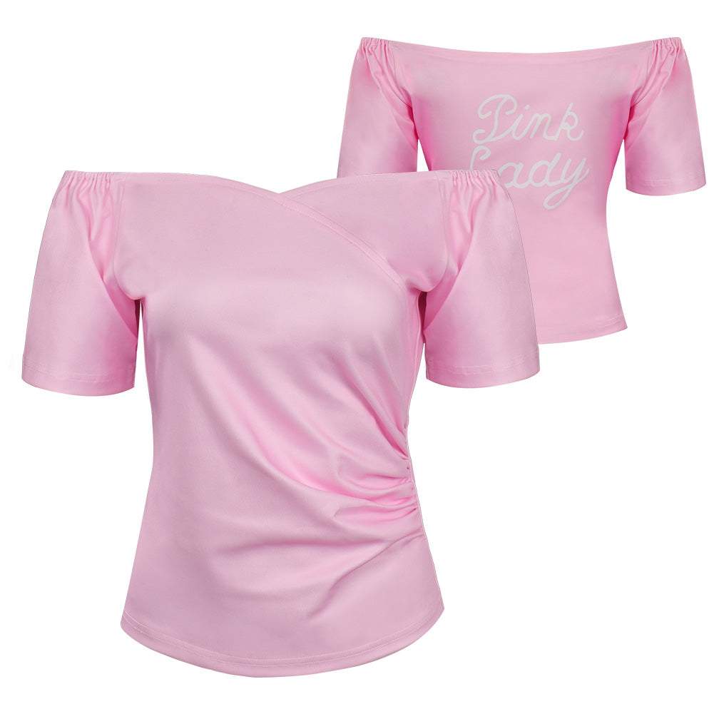 70er Damen Cosplay Kostüm T-Shirt Rosa Off-Schulter Kurzarm Top