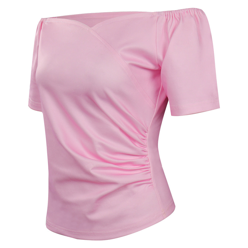 70er Damen Cosplay Kostüm T-Shirt Rosa Off-Schulter Kurzarm Top