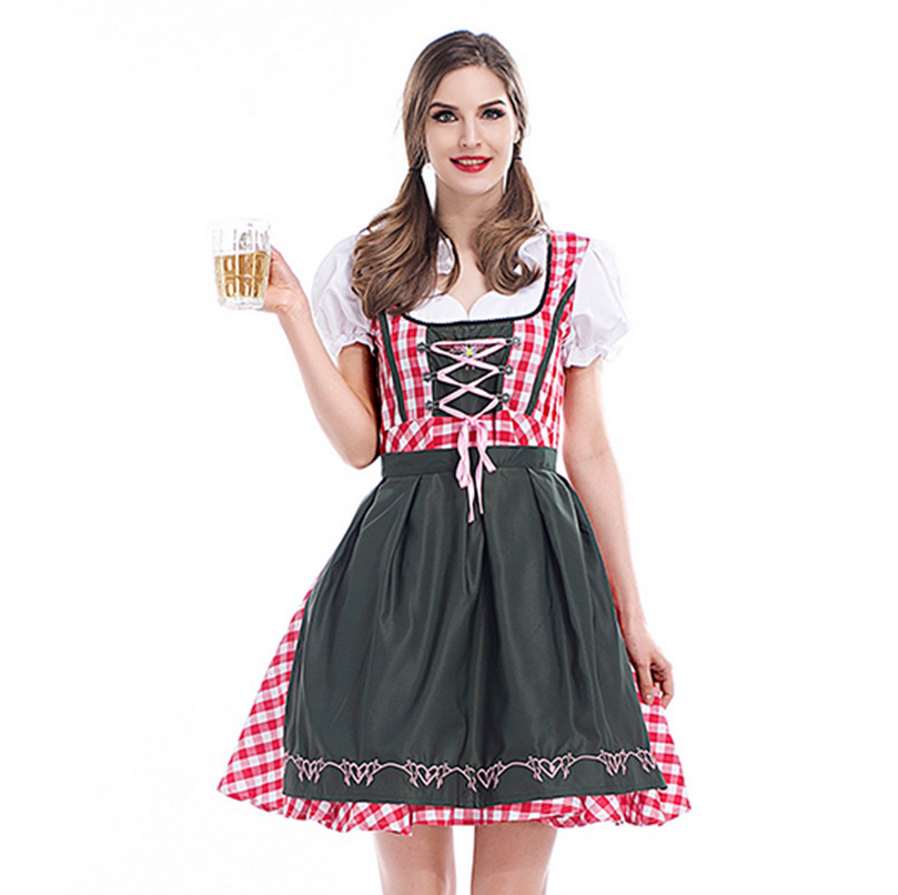 Damen Dirndl Trachtenkleid mit Schürze für Oktoberfest Karneval Kostüm